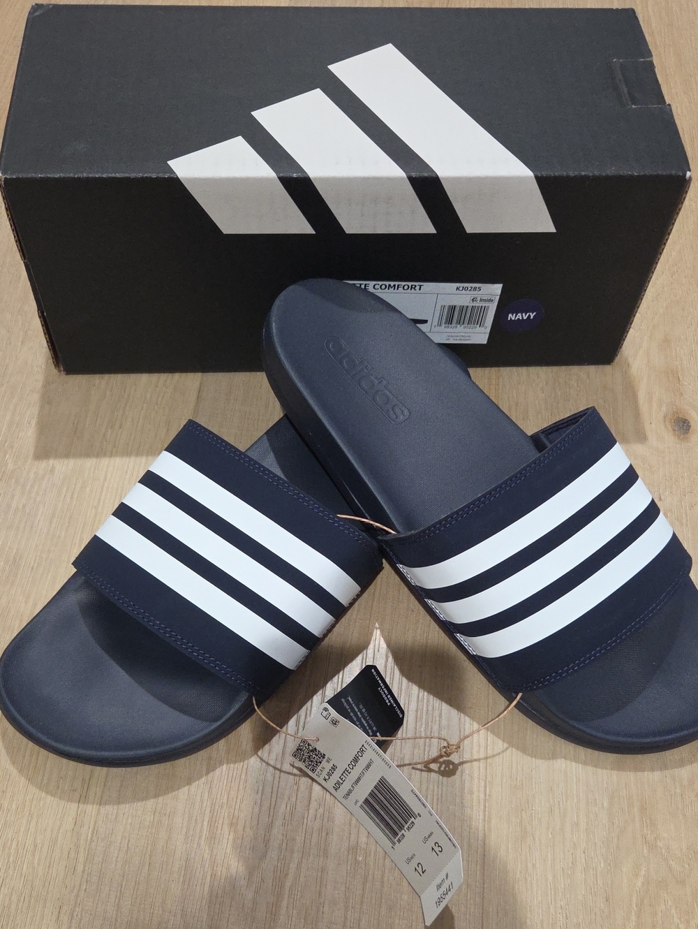 adidas Navy Slide Sandals with White Stripes